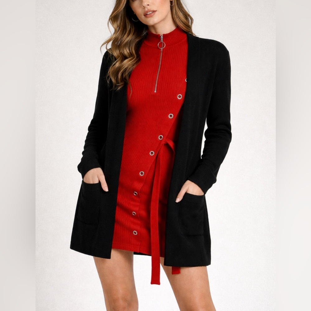 Black Open Front Pocket Cardigan Lightweight Long Sleeve M